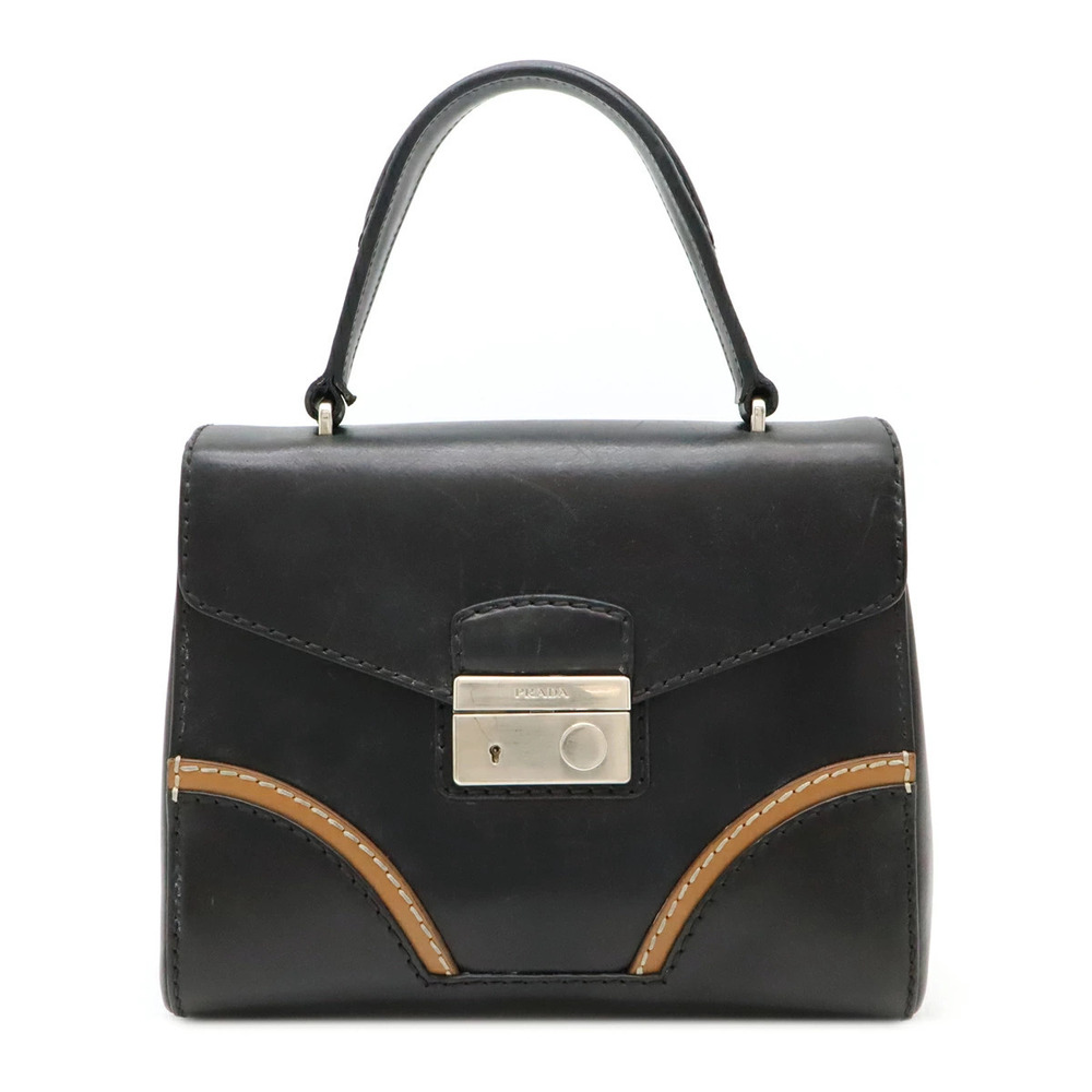 Prada Stitch Rim Handbag Flap Bag Leather NERO Black Camel Brown Key